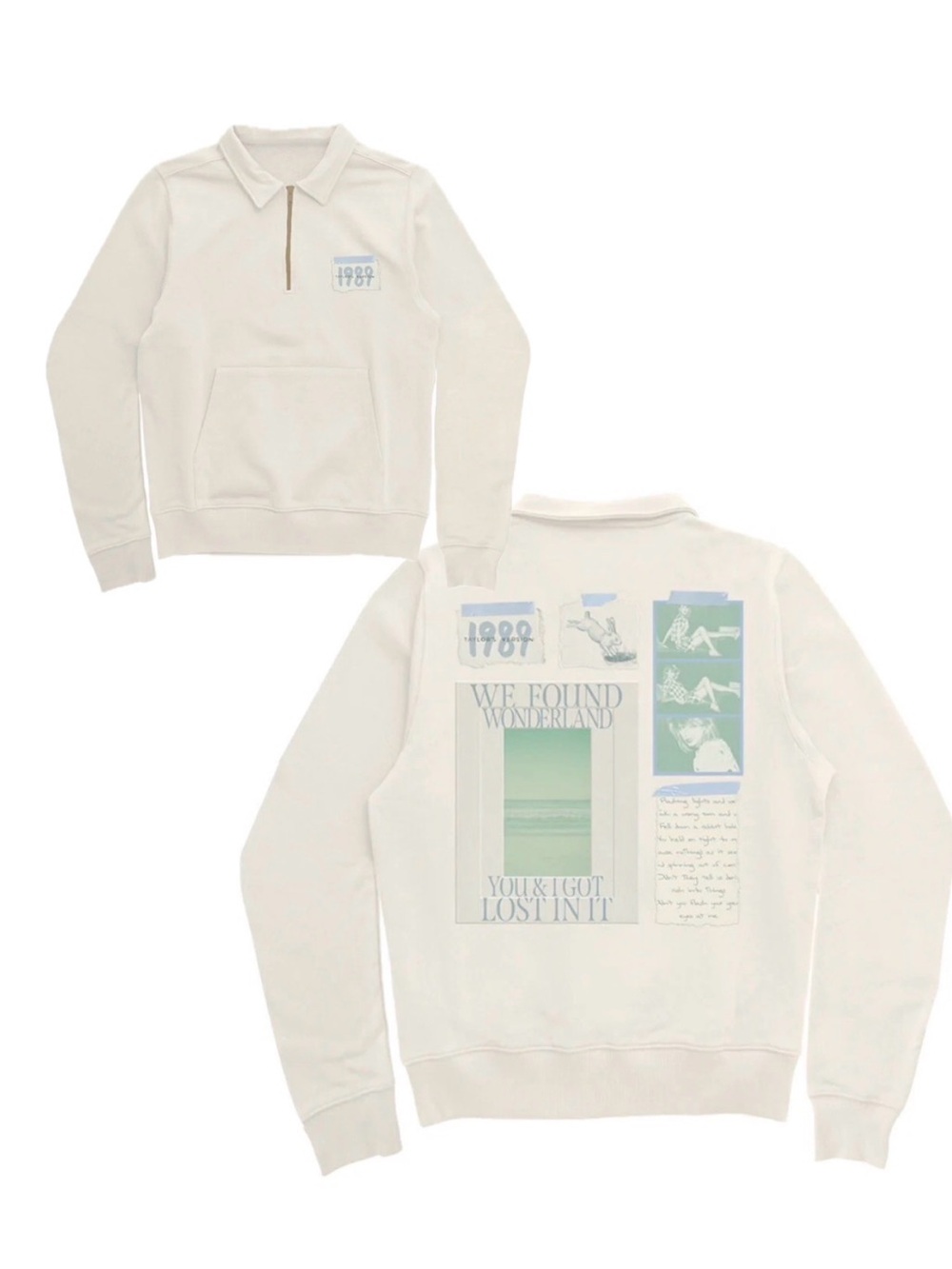 Taylor Swift Cream Pullover Hoodie with Pastel Blue & Mint Graphics